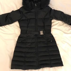 DKNY long puffer coat with faux fur hood